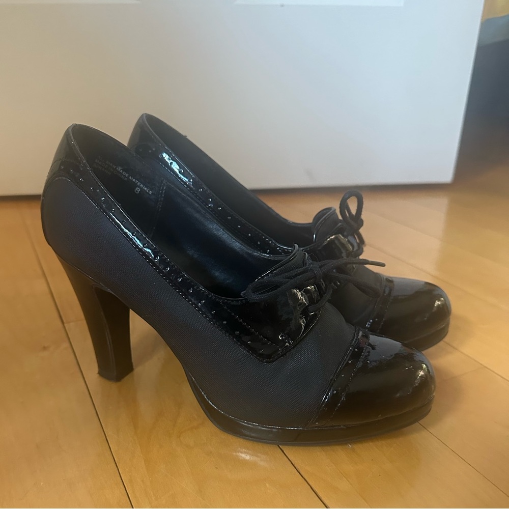 Madden Girl Black Patent & Fabric Lace-Up Heels